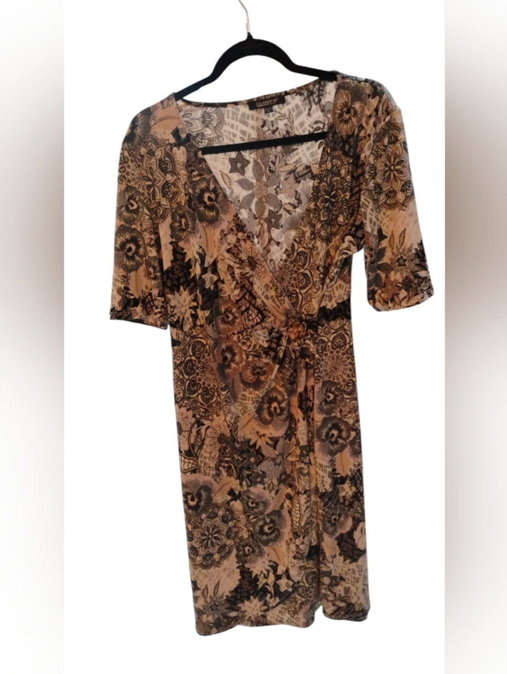 Glamour Floral Wrap-Style Maxi Dress in Beige and Black SZ 12